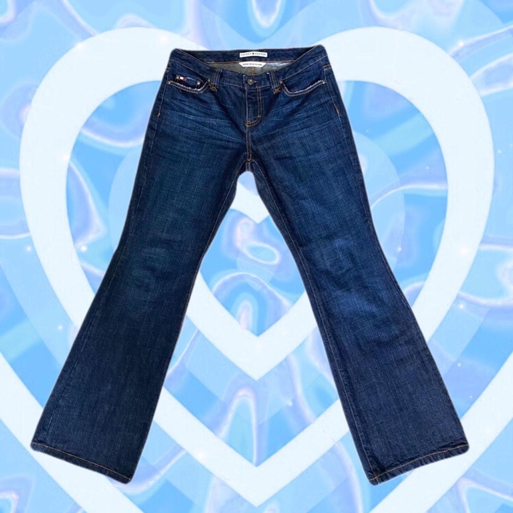 vintage Y2K Tommy Hilfiger Low Rise Flare dark wash jeans w blue rhinestone